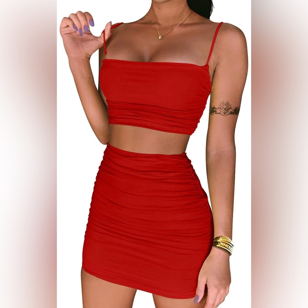 Women’s Ruched Cami Crop Top Bodycon Skirt Two Piece Outfit